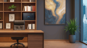 オフィスの後ろの棚の中にある黒いコンパクトな金庫