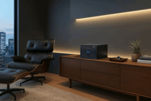 高級感のある部屋。棚の上に置かれたコンパクトな金庫。