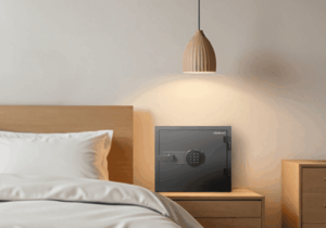 寝室のサイドテーブルに置かれたディプロマットのHTPシリーズ（黒）。落ち着いた照明の下で、インテリアの一部として馴染む耐火・耐水金庫の設置イメージ