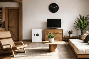 明るいリビングルームに設置されたディプロマットのORBシリーズ（白）。テレビボードの横に配置された、耐水・耐火性能を持つスタイリッシュな家庭用金庫