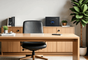 書斎のデスク背面にある棚に設置された、ディプロマットのP23セキュリティセーフ。コンパクトでモダンなデザインがオフィスインテリアに調和している様子