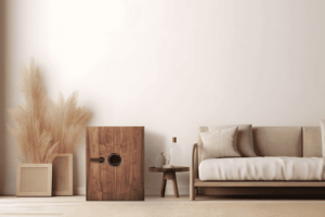 リビングのインテリアに馴染む木目調のデザイン金庫。ソファの横に設置されたスタイリッシュな収納としての活用イメージ