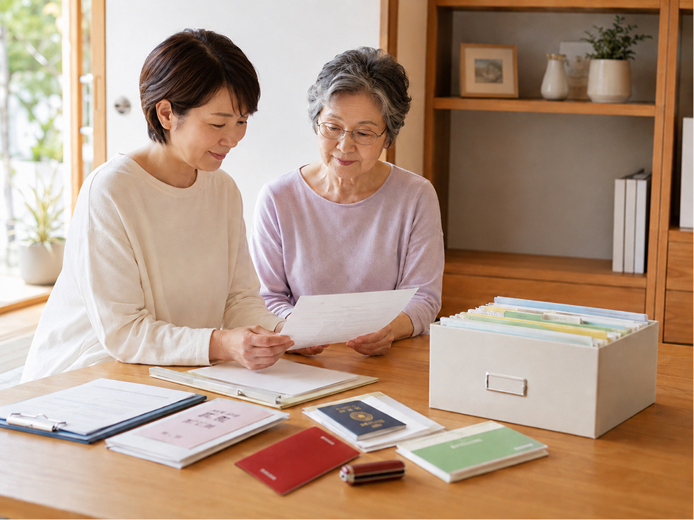 親子で貴重品の姉妹場所について話し合っている様子