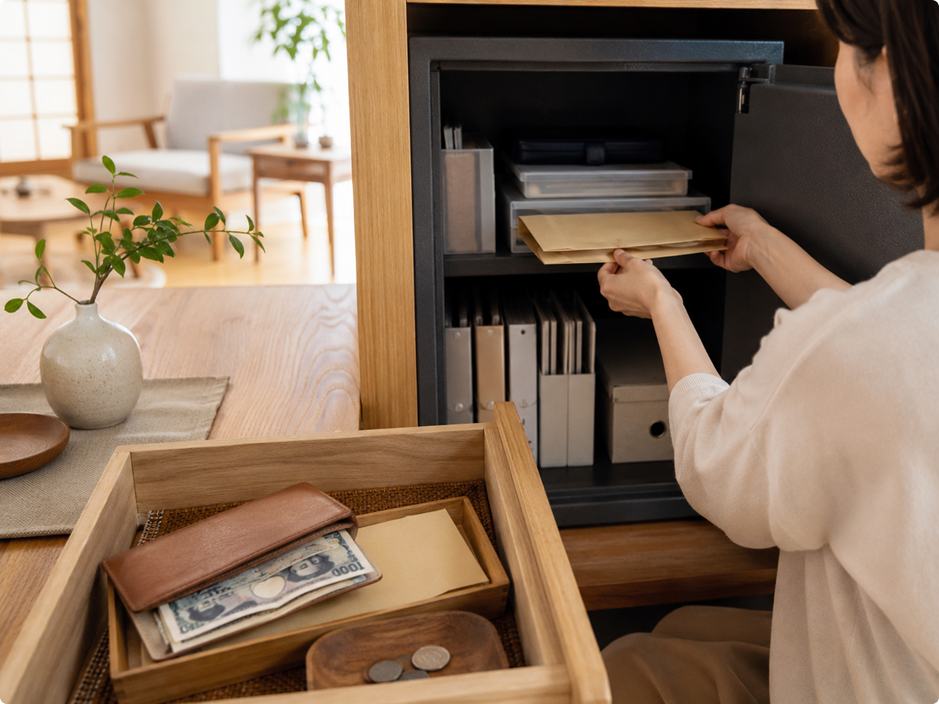 金庫に貴重品を閉まっている様子